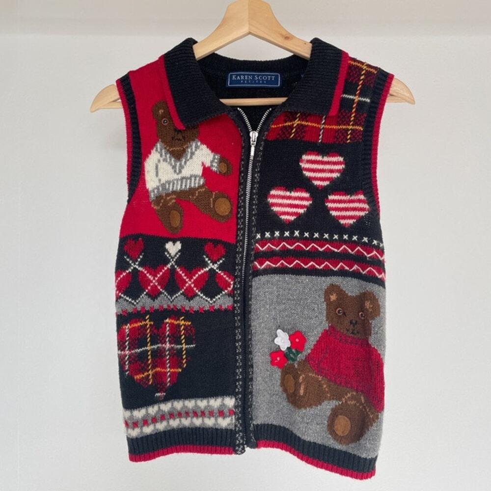 Vintage 1990's Teddy Bear Knit Zip Up Sweater Vest / Karen Scott / Sz Small